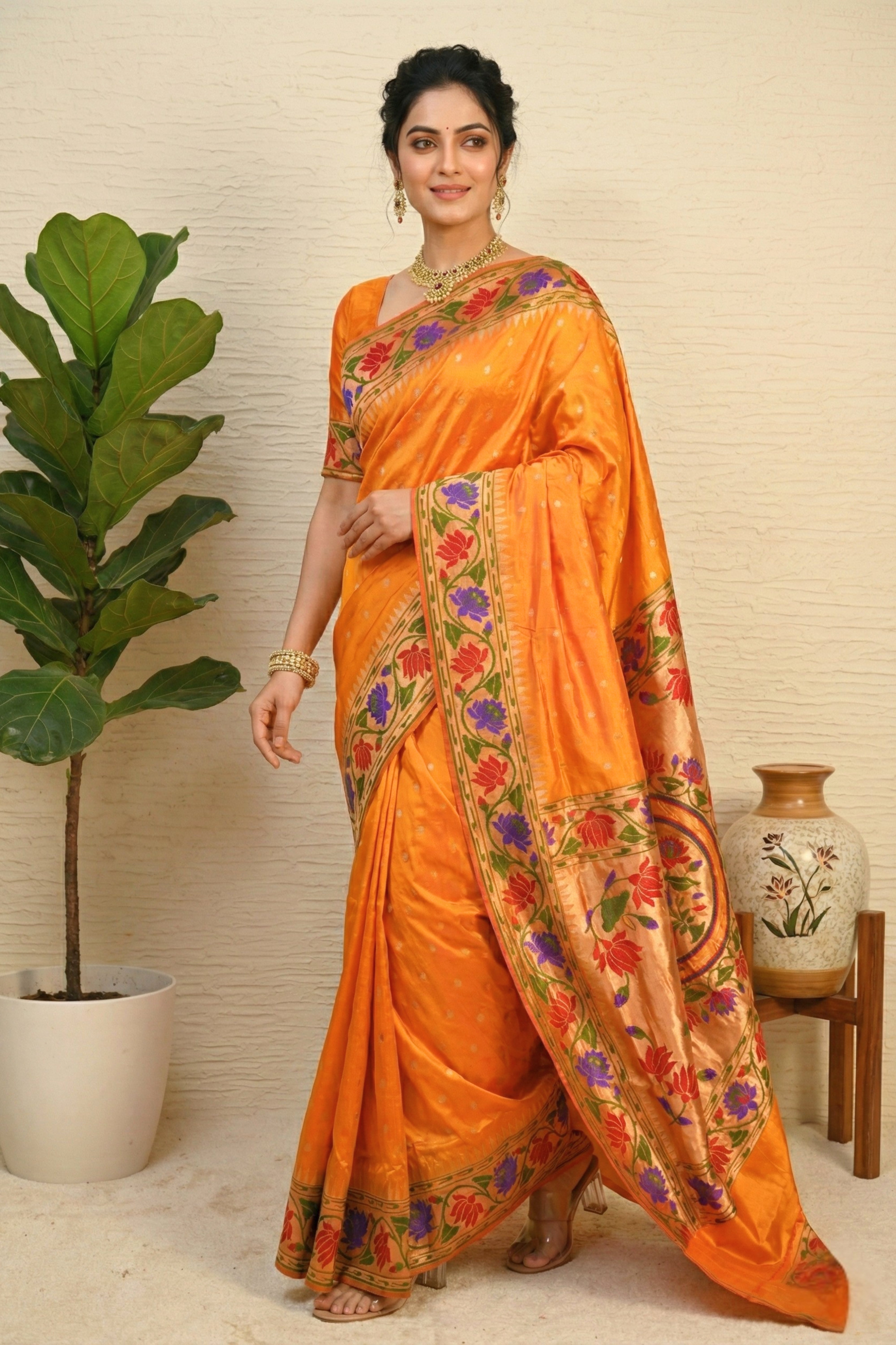 Radiant Mango Orange Paithani Silk Saree with Grand Floral Pallu