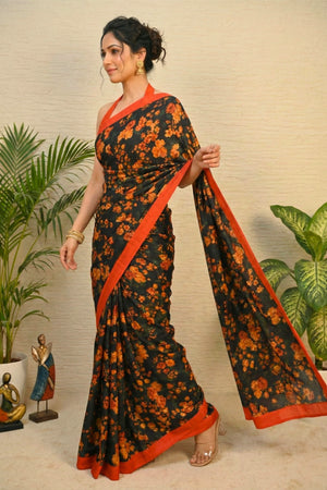 Vintage Rose Tabby Silk Saree in Deep Black and Rust