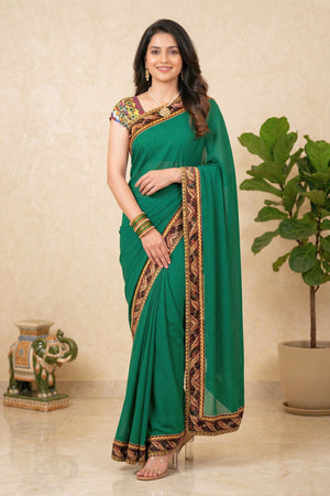 Emerald Green Georgette Saree with Embroidered Velvet Border