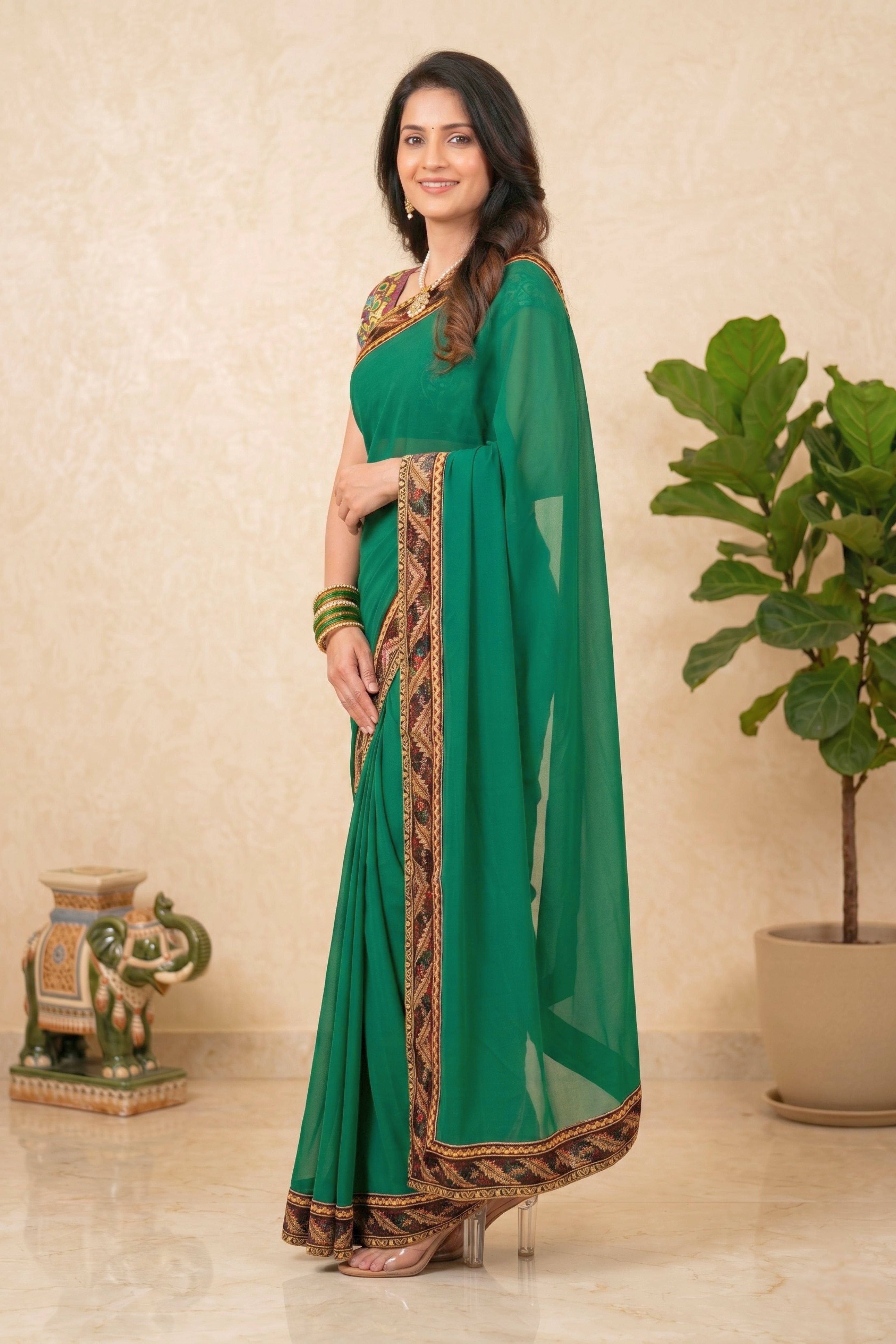 Emerald Green Georgette Saree with Embroidered Velvet Border