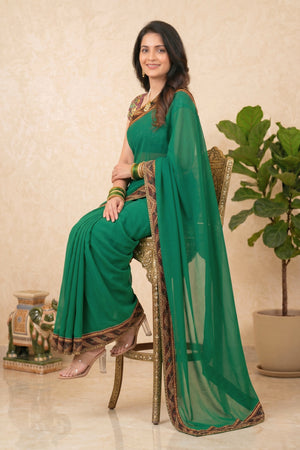 Emerald Green Georgette Saree with Embroidered Velvet Border