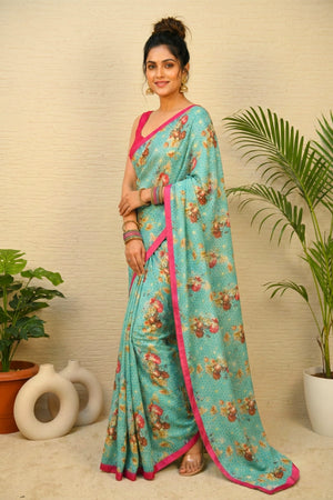 Aqua Blue Floral Chiniya Silk Saree with Fuchsia Border