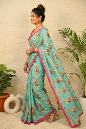 Aqua Blue Floral Chiniya Silk Saree with Fuchsia Border