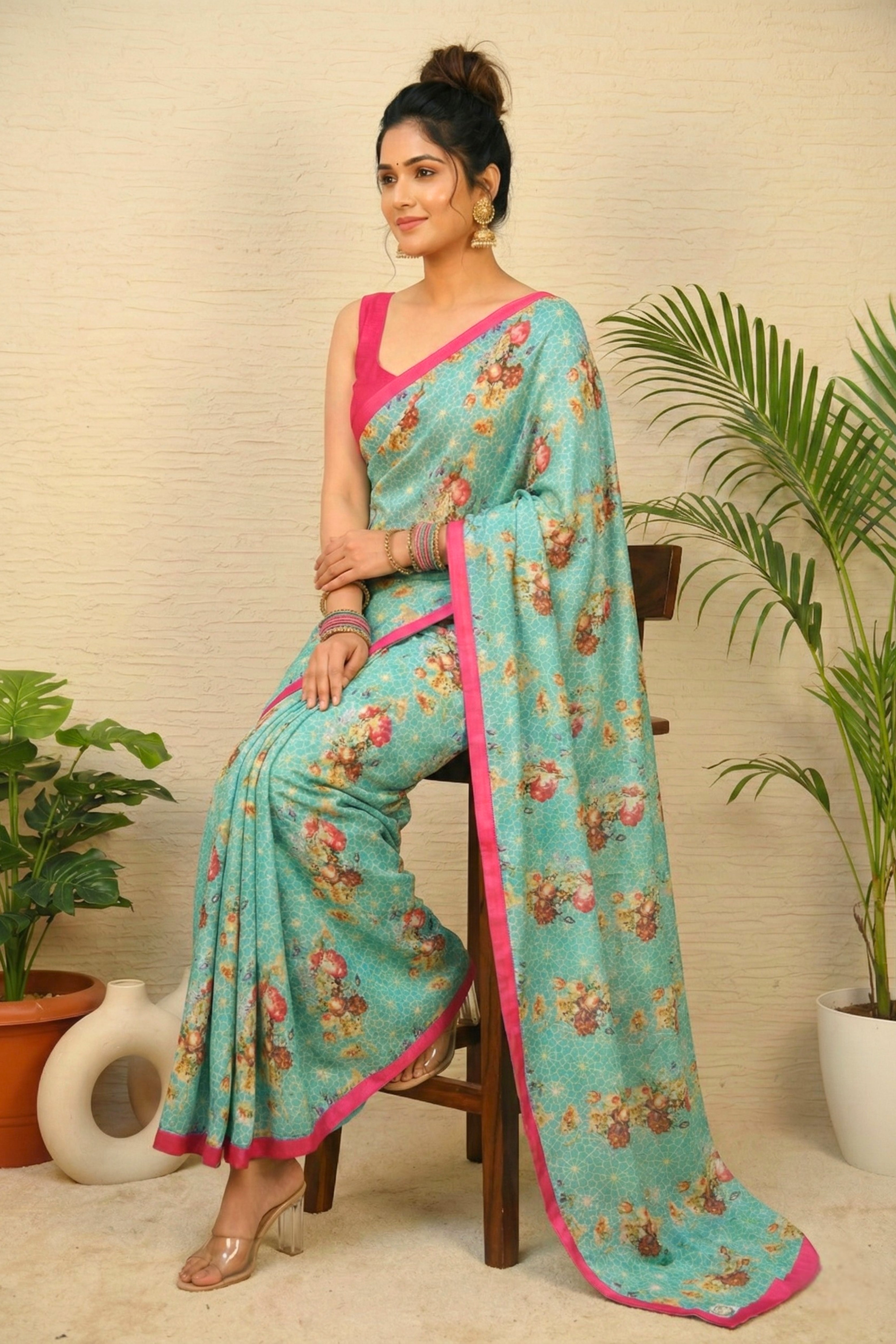 Aqua Blue Floral Chiniya Silk Saree with Fuchsia Border