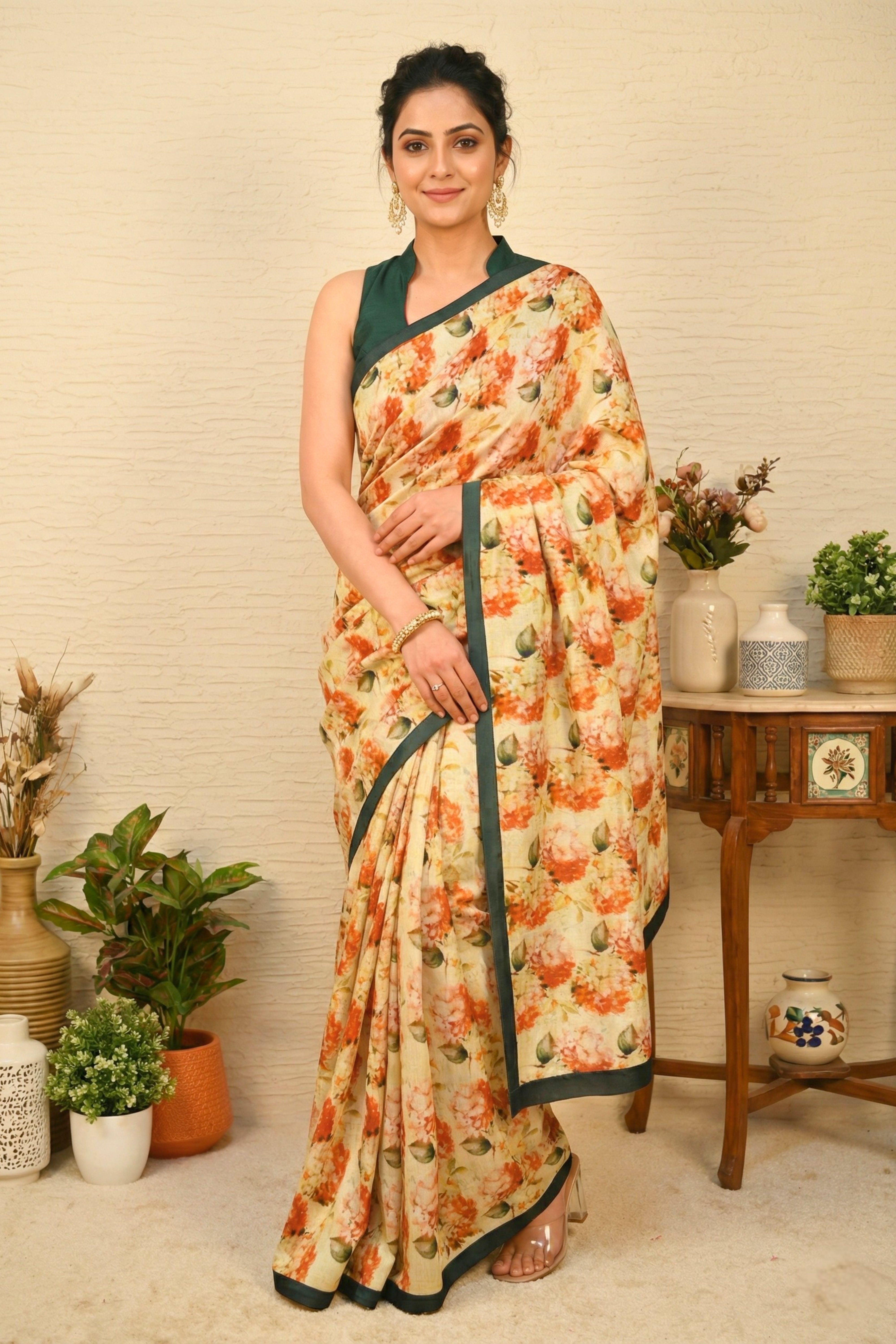 Vintage Floral Cream Chiniya Silk Saree with Forest Green Border