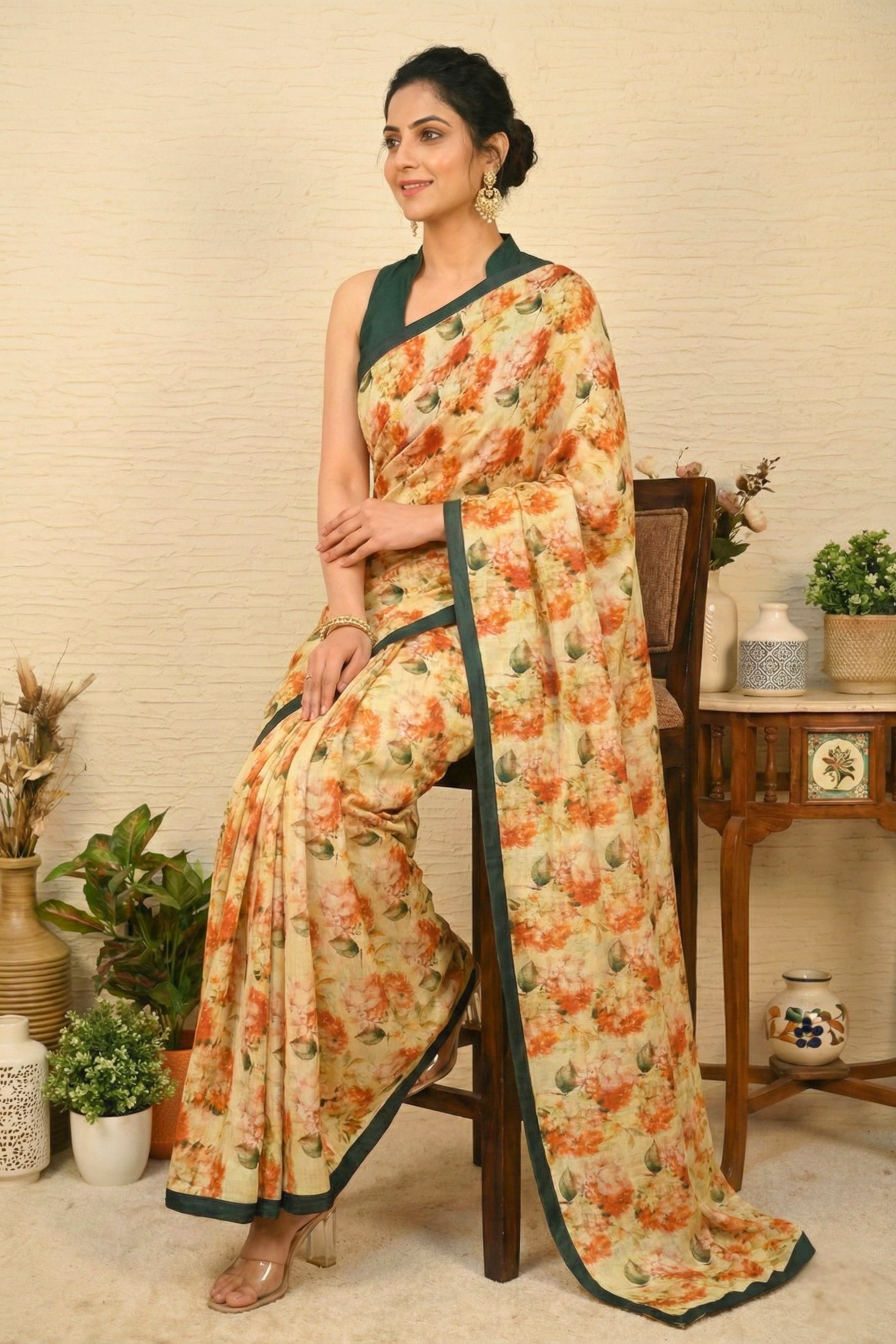 Vintage Floral Cream Chiniya Silk Saree with Forest Green Border