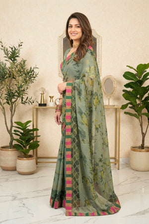 Sage Green Vintage Floral Chiffon Saree with Striped Border