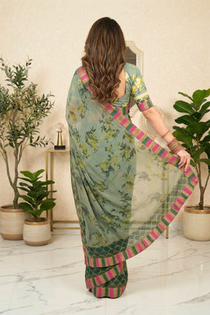 Sage Green Vintage Floral Chiffon Saree with Striped Border
