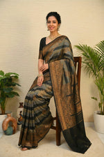 Heritage Grey & Black Striped Silk Saree with Woven Gold Border