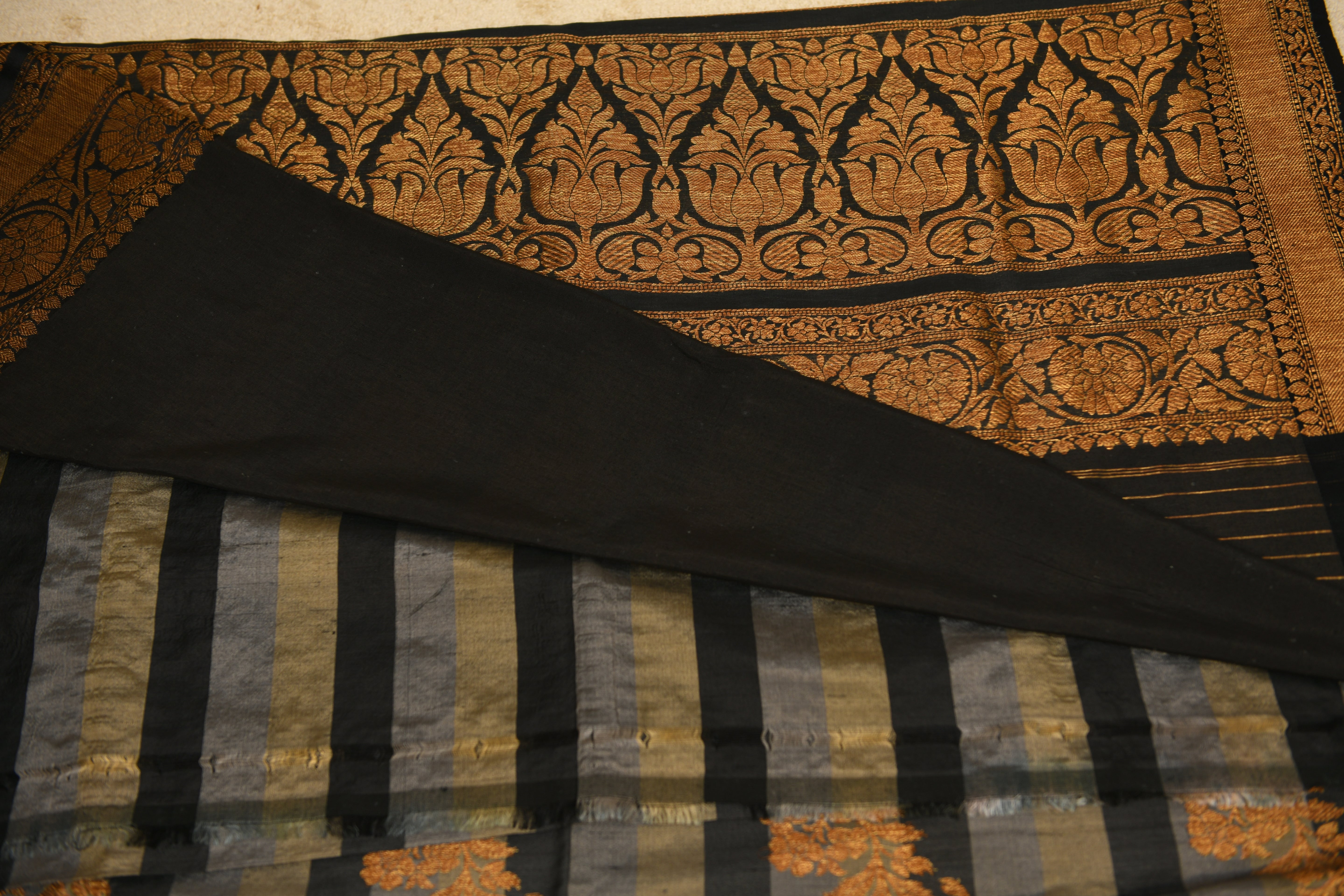 Heritage Grey & Black Striped Silk Saree with Woven Gold Border
