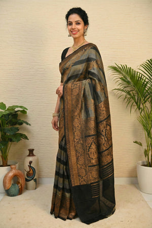 Heritage Grey & Black Striped Silk Saree with Woven Gold Border