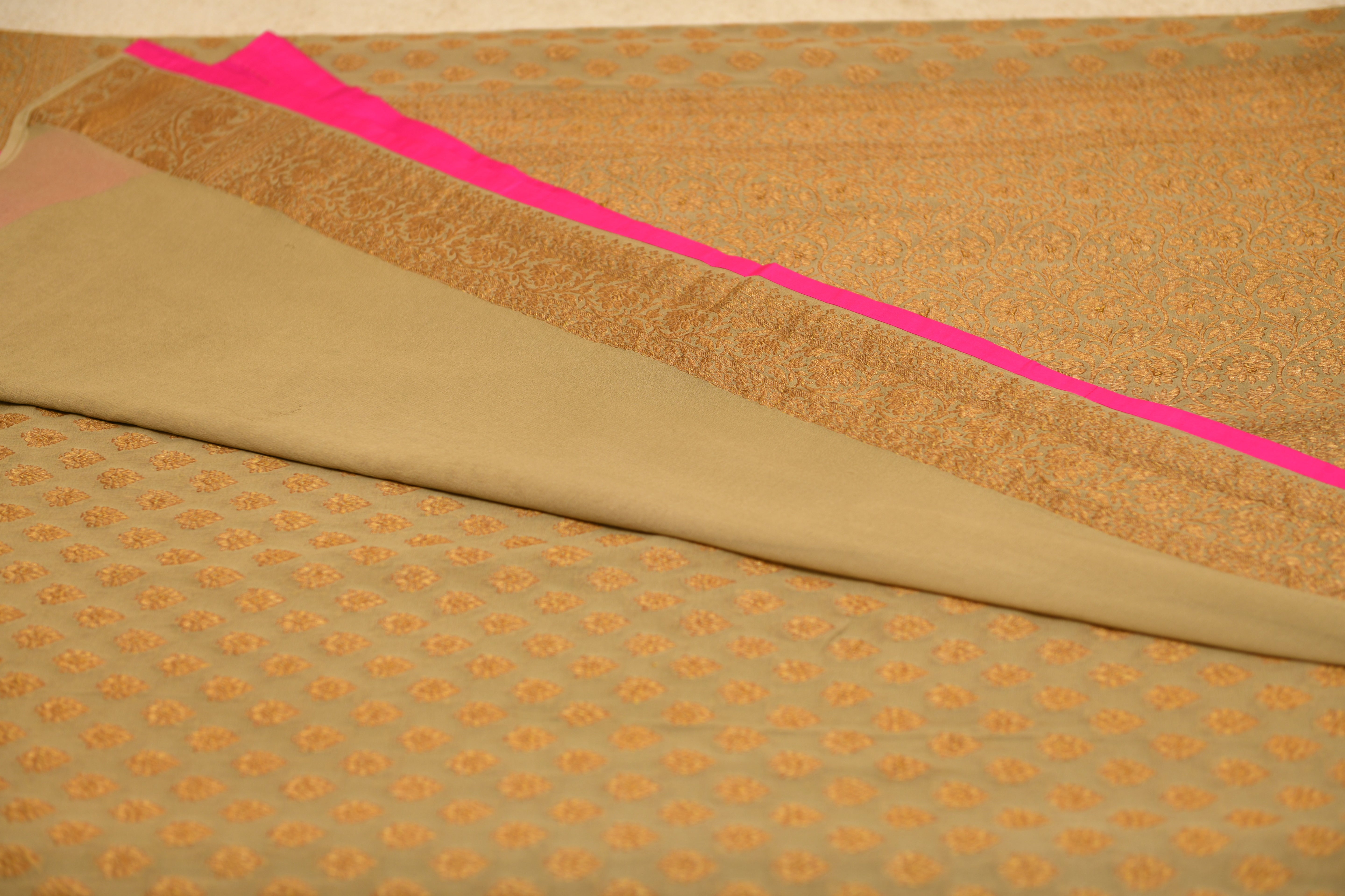 Antique Gold Banarasi Georgette Saree with Hot Pink Edging