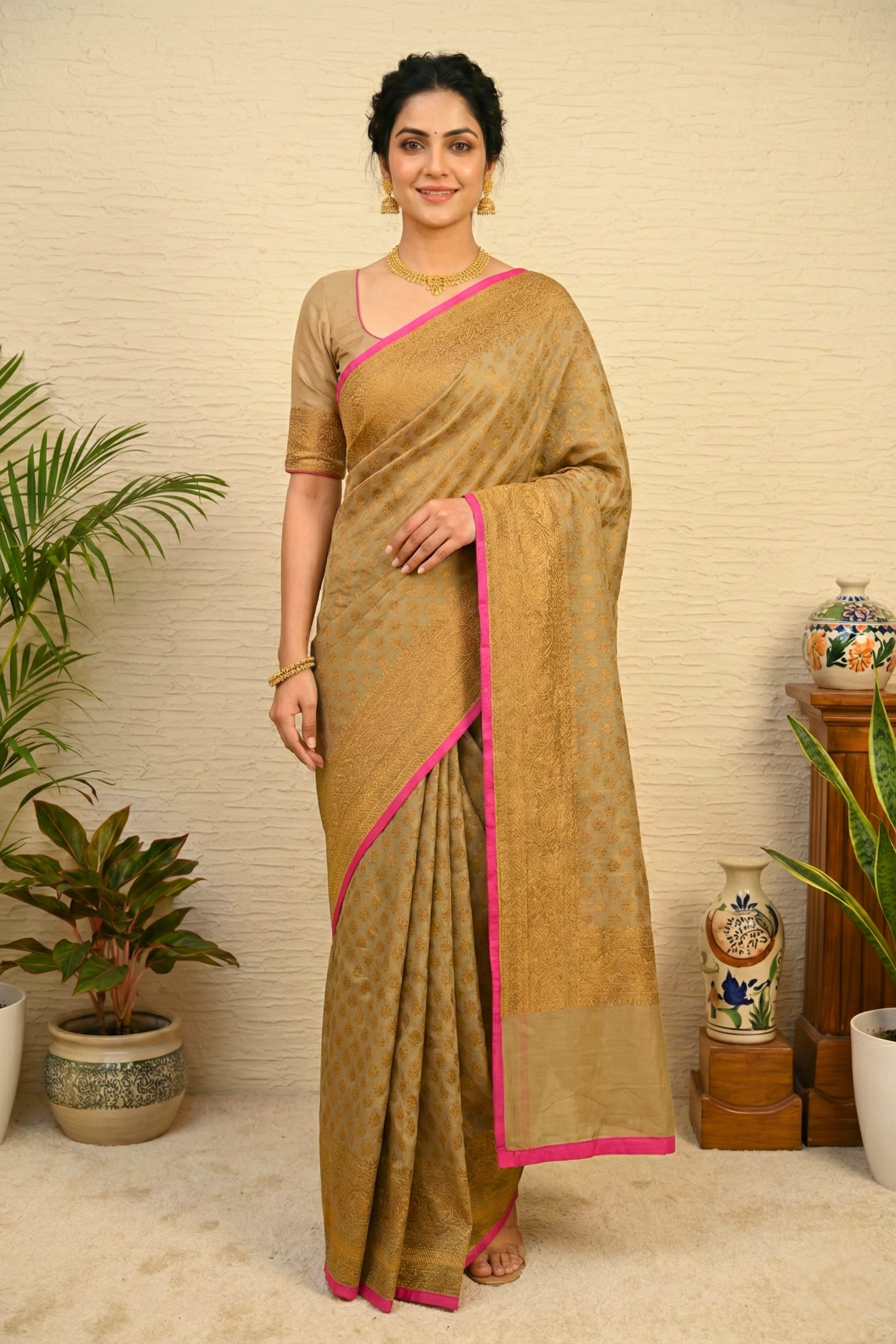 Antique Gold Banarasi Georgette Saree with Hot Pink Edging