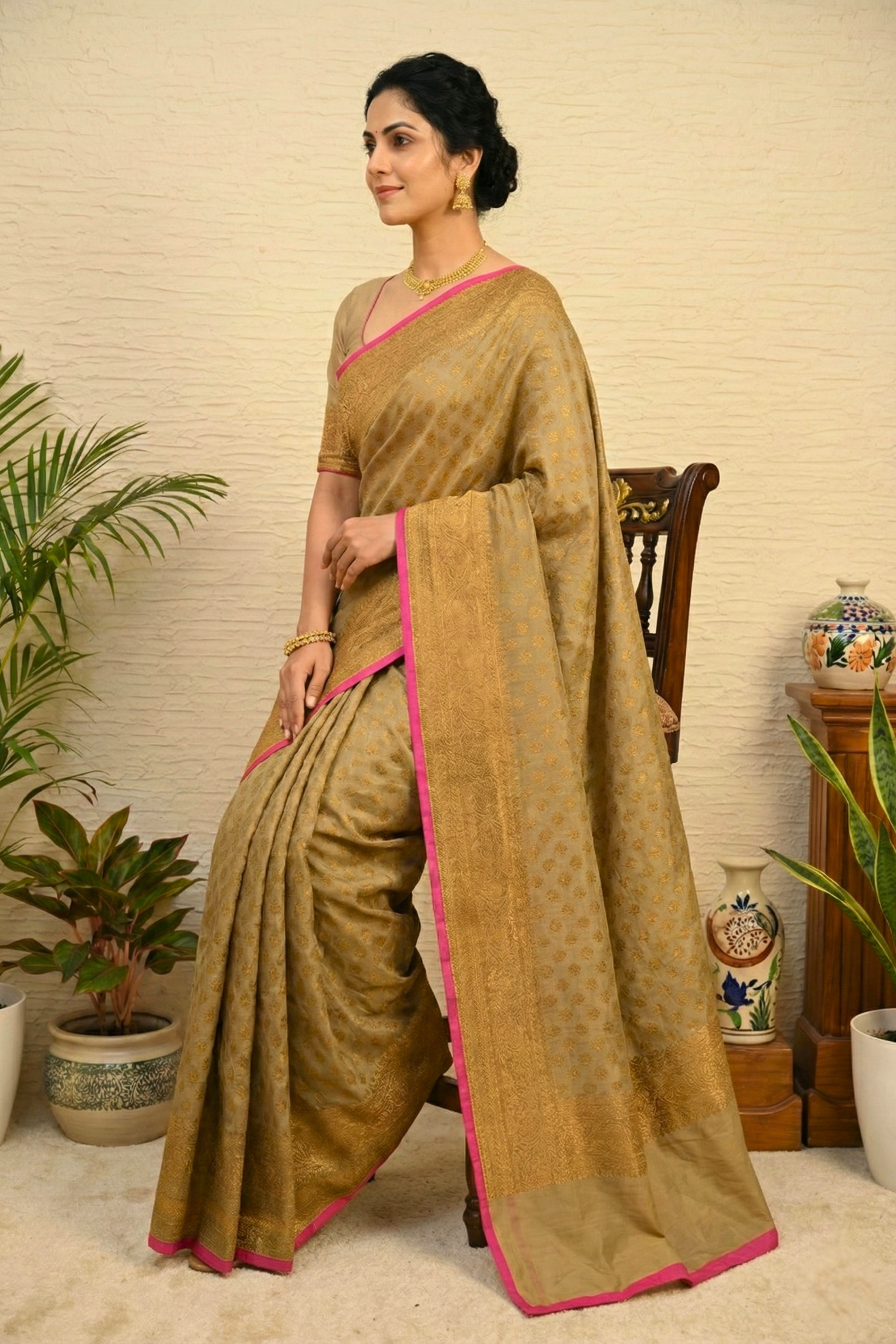 Antique Gold Banarasi Georgette Saree with Hot Pink Edging