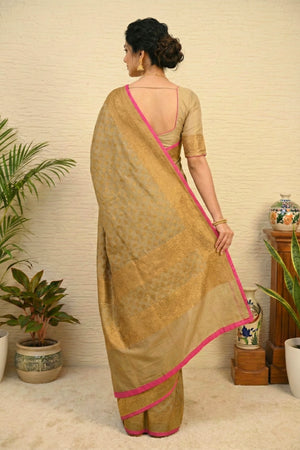 Antique Gold Banarasi Georgette Saree with Hot Pink Edging