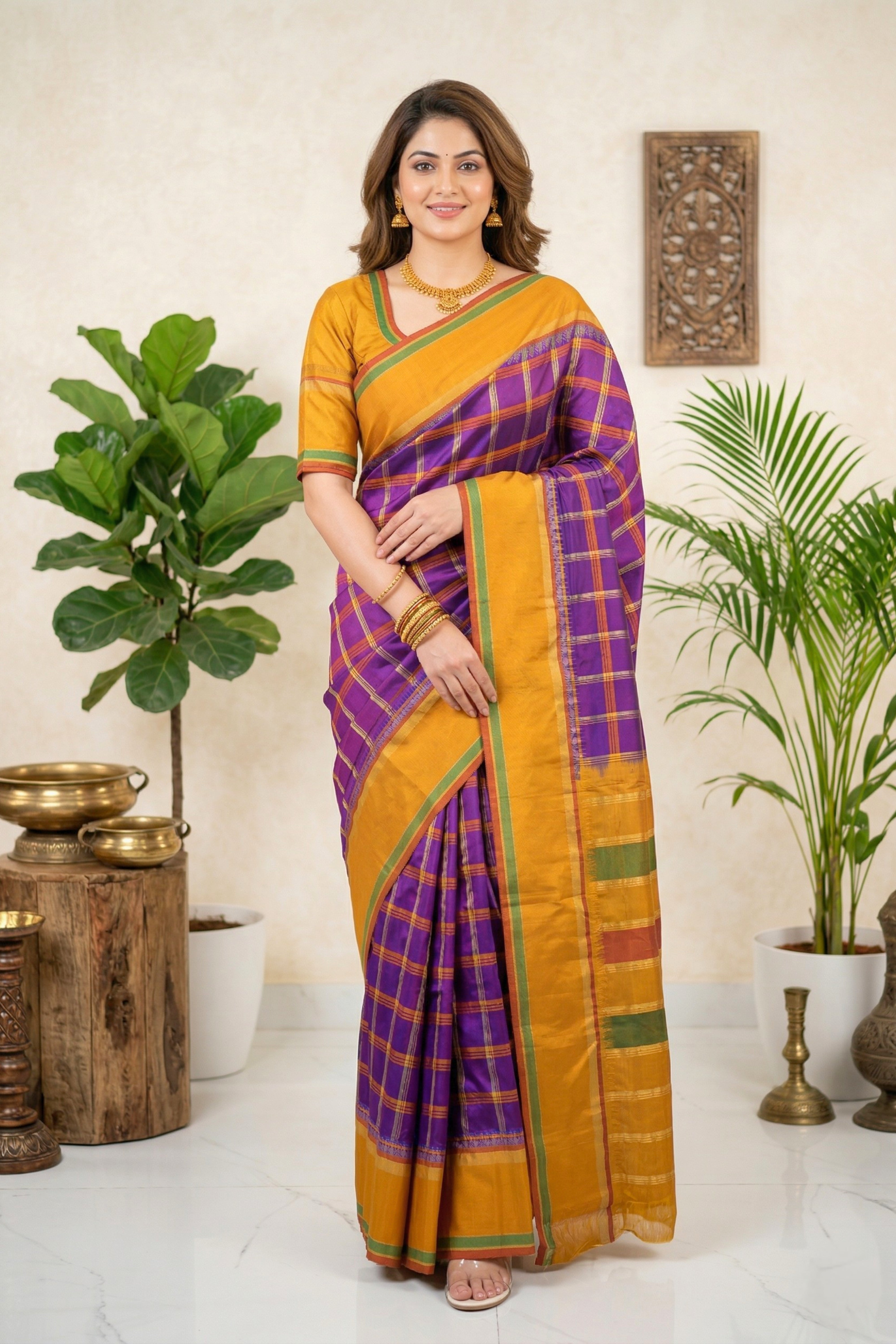 Vibrant Purple & Mustard Yellow Checked Silk Saree