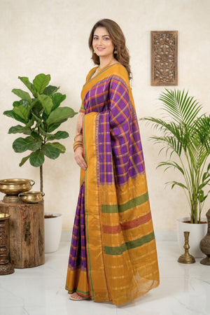Vibrant Purple & Mustard Yellow Checked Silk Saree