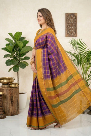 Vibrant Purple & Mustard Yellow Checked Silk Saree