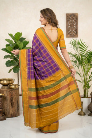 Vibrant Purple & Mustard Yellow Checked Silk Saree