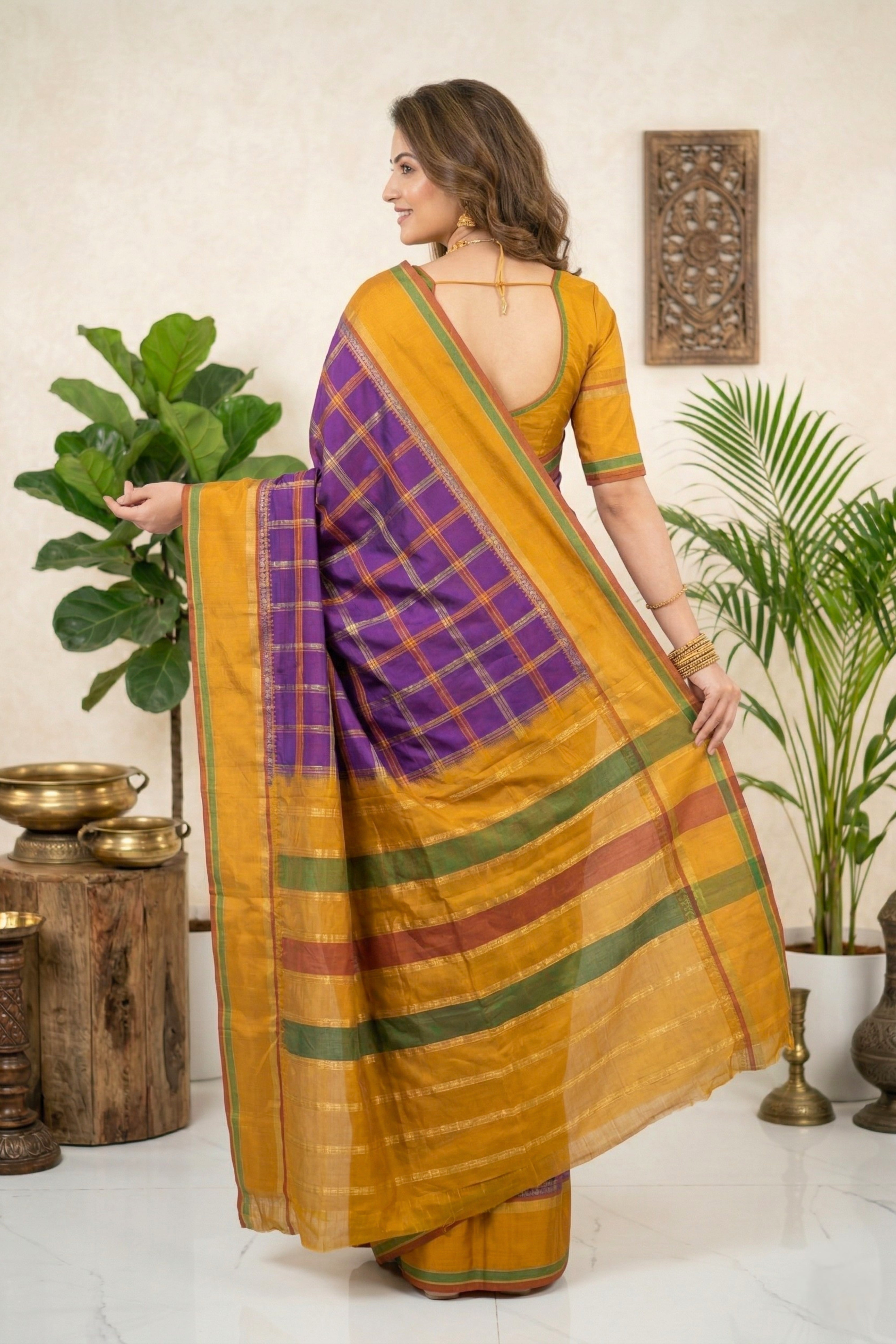Vibrant Purple & Mustard Yellow Checked Silk Saree
