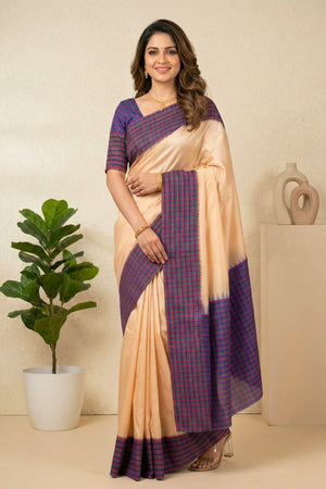 Elegant Peach Soft Silk Saree with Checkered Temple Border