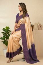 Elegant Peach Soft Silk Saree with Checkered Temple Border