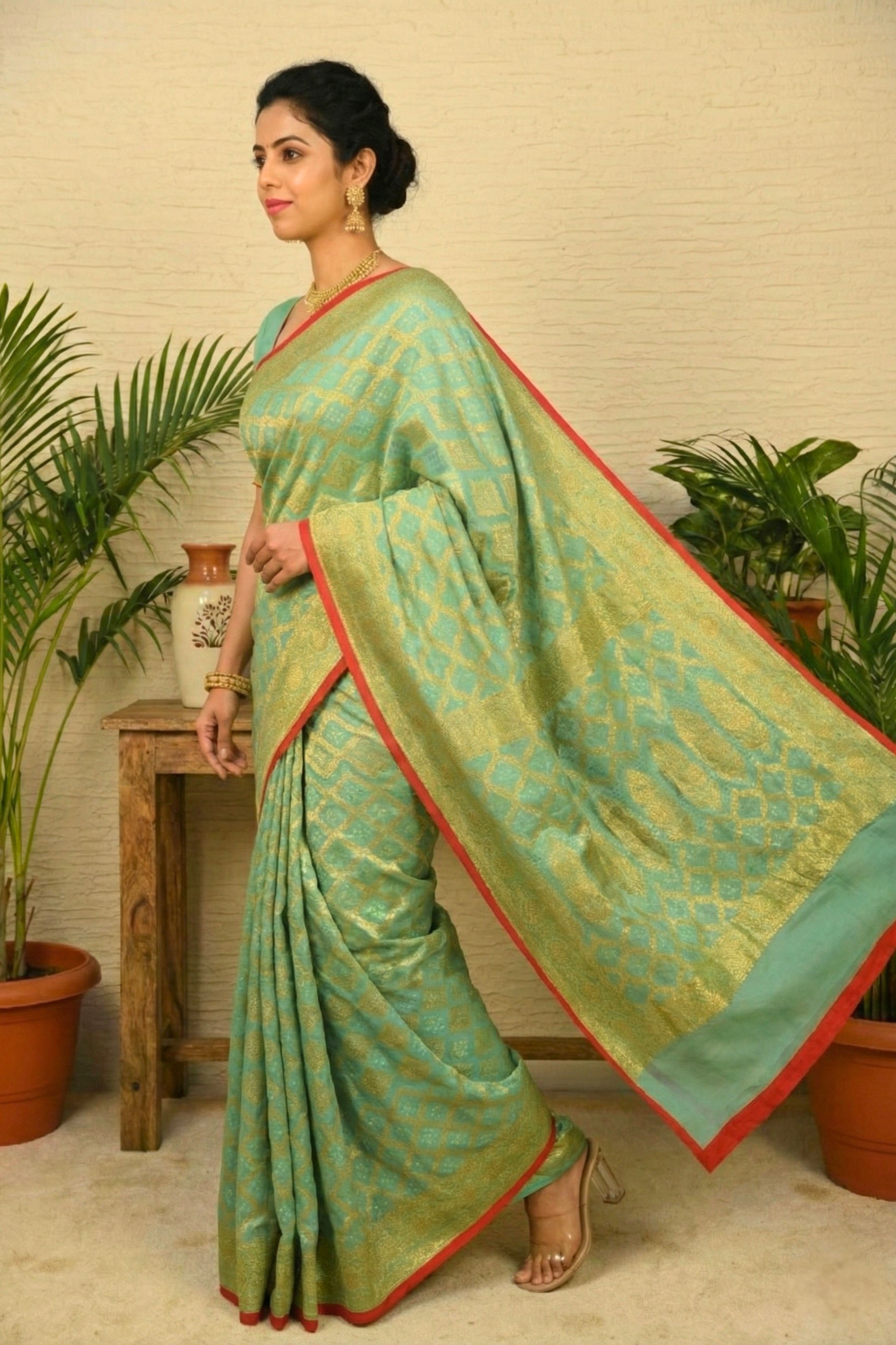 Rich Turquoise Bandani Weave Banarasi Georgette Saree