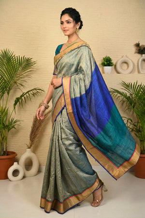 Contemporary Grey-Green Tussar Silk Saree with Royal Blue & Teal Accents