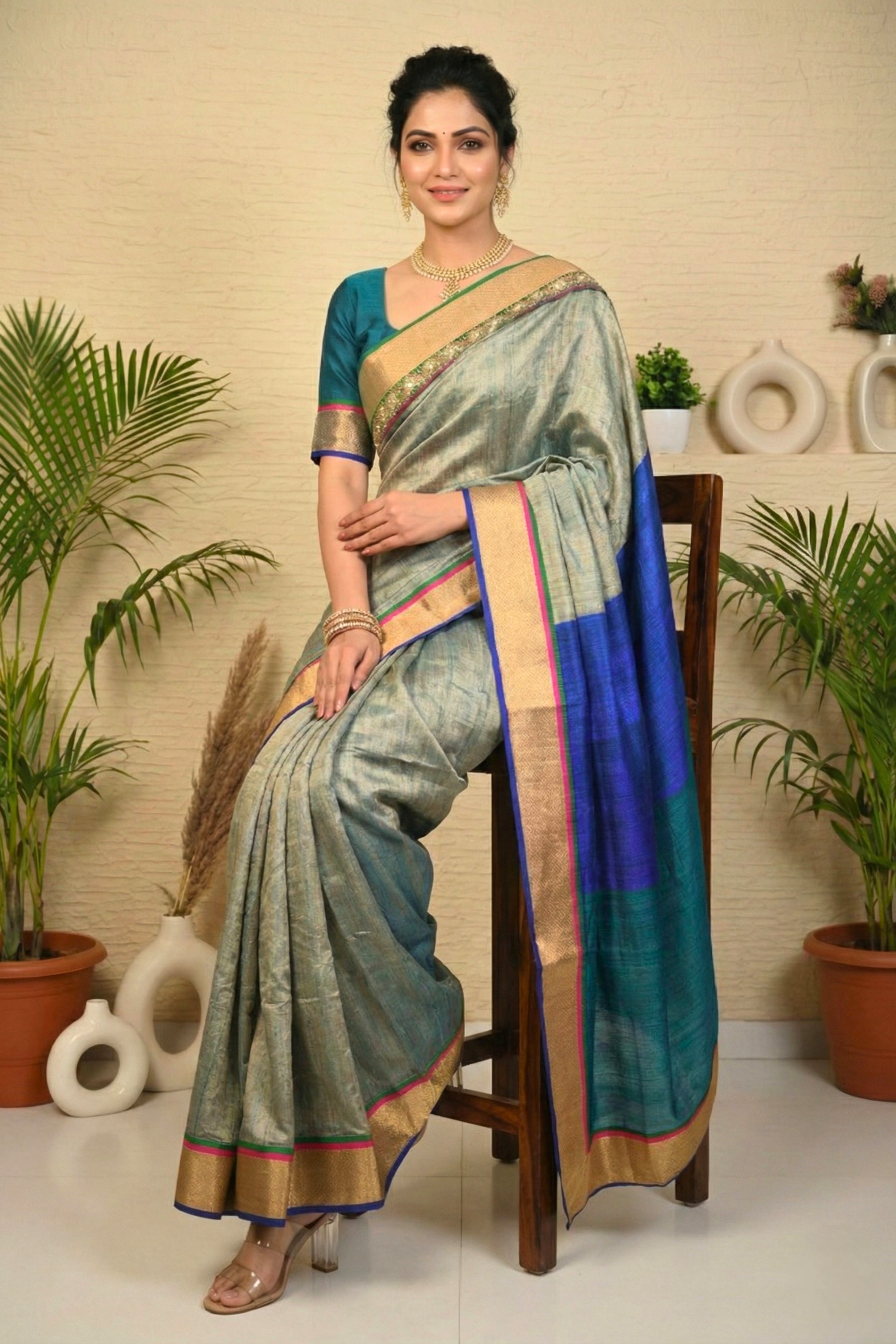 Contemporary Grey-Green Tussar Silk Saree with Royal Blue & Teal Accents