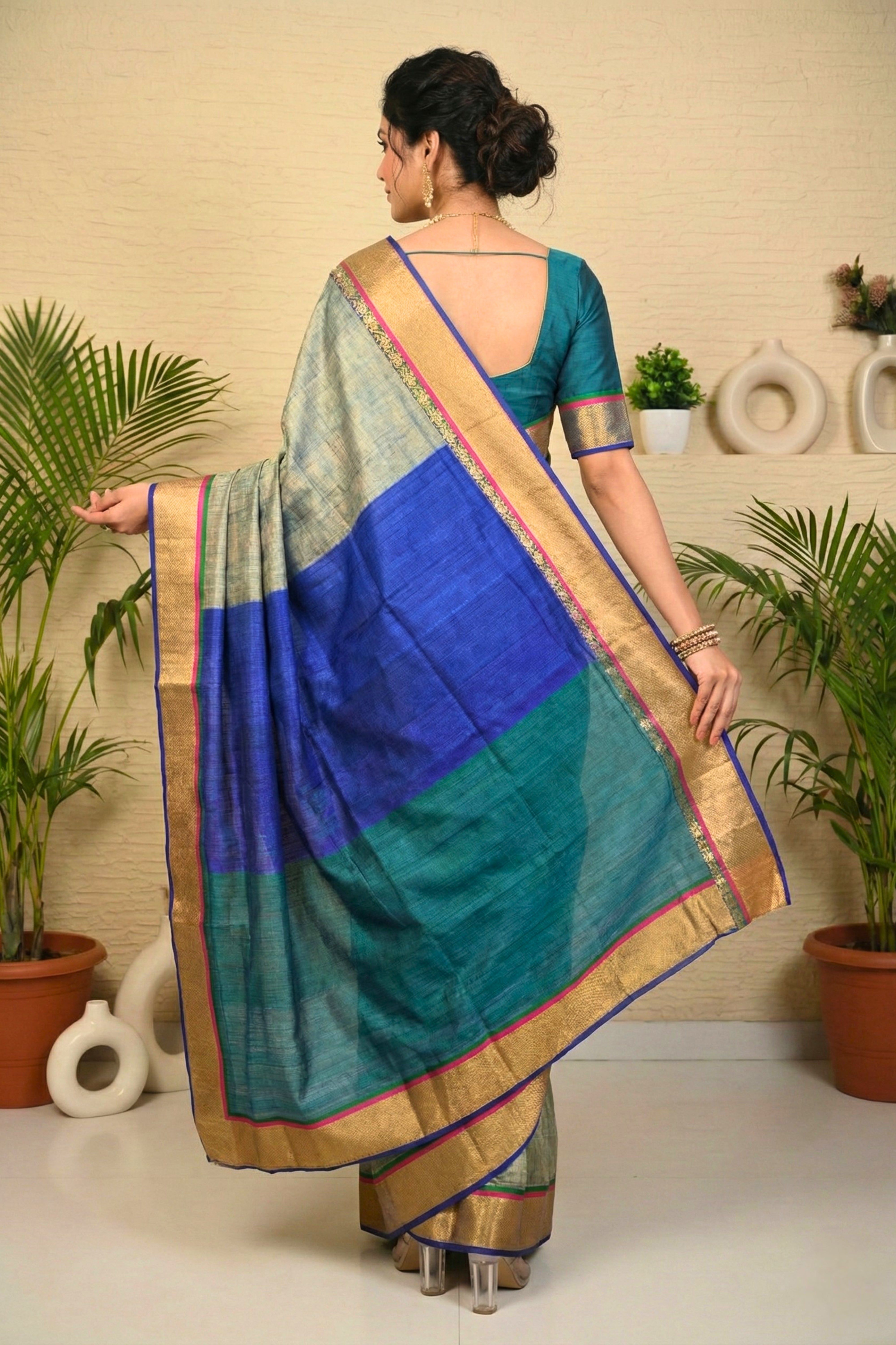 Contemporary Grey-Green Tussar Silk Saree with Royal Blue & Teal Accents