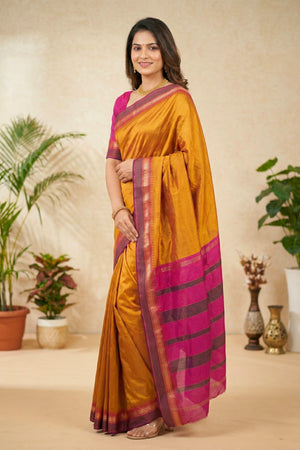 Vibrant Mustard Yellow and Magenta Silk Saree with Striped Pallu