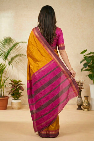 Vibrant Mustard Yellow and Magenta Silk Saree with Striped Pallu