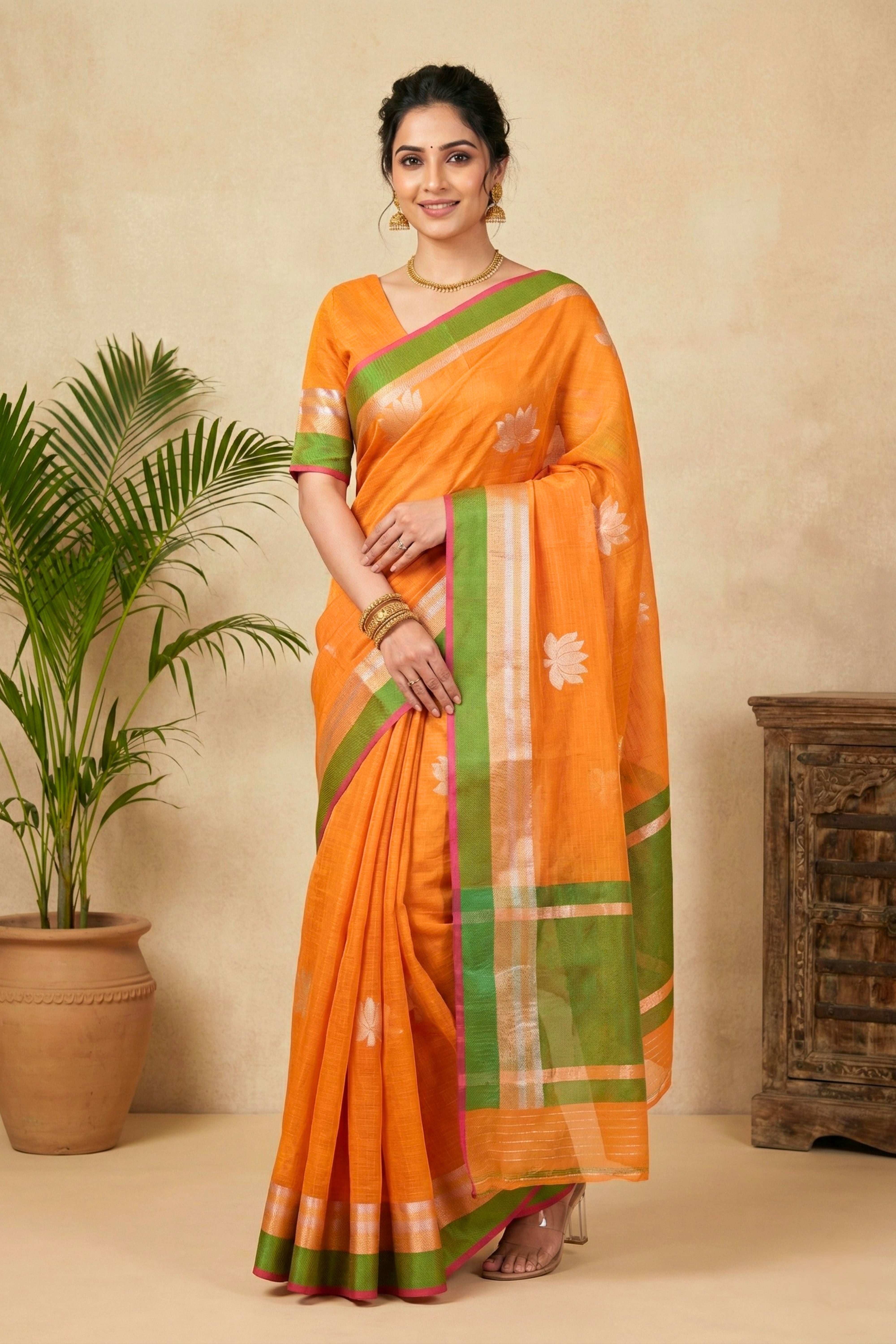 Vibrant Tangerine Orange Chanderi Saree with Zari Lotus Motifs