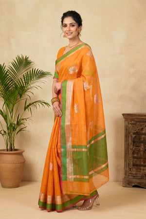 Vibrant Tangerine Orange Chanderi Saree with Zari Lotus Motifs