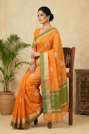 Vibrant Tangerine Orange Chanderi Saree with Zari Lotus Motifs