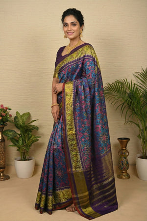 Heritage Deep Blue Patola Silk Saree with Striped Zari Pallu