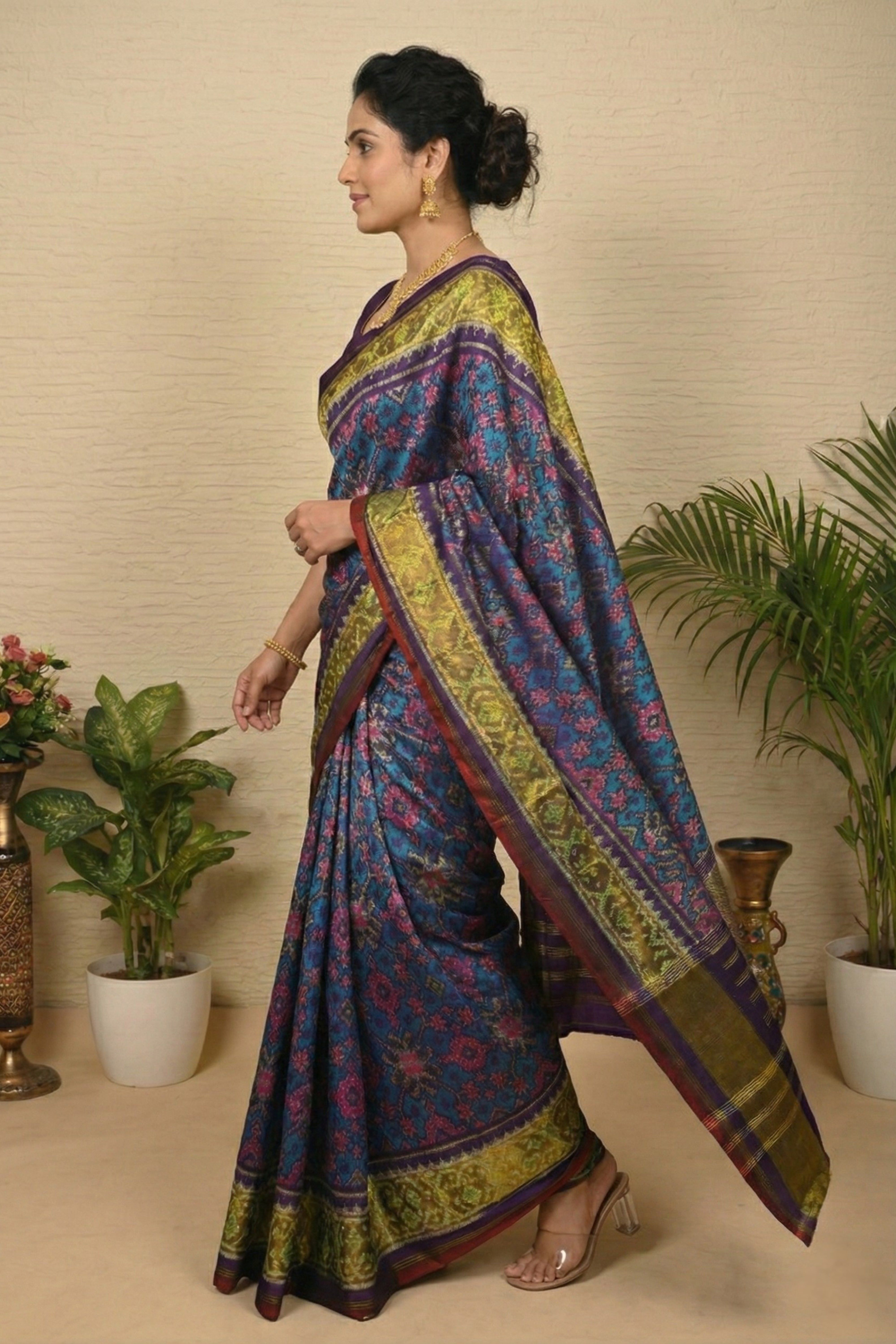 Heritage Deep Blue Patola Silk Saree with Striped Zari Pallu