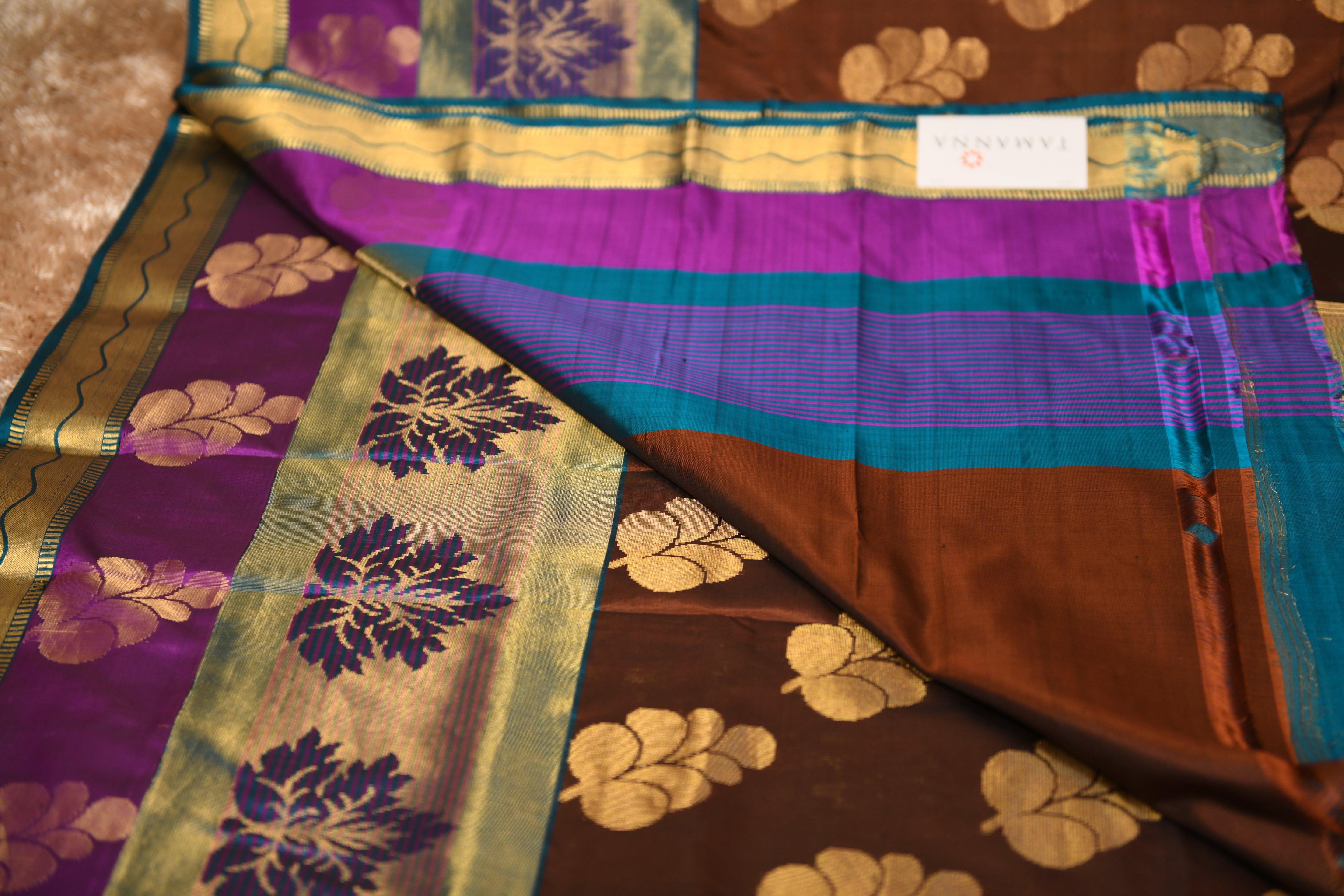 Rich Coffee Brown Soft South Silk Saree with Purple & Teal Border