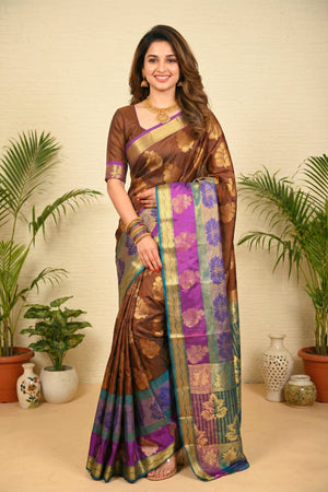 Rich Coffee Brown Soft South Silk Saree with Purple & Teal Border