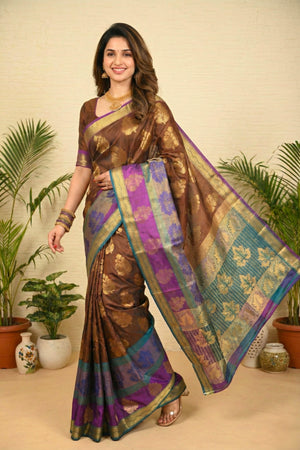 Rich Coffee Brown Soft South Silk Saree with Purple & Teal Border