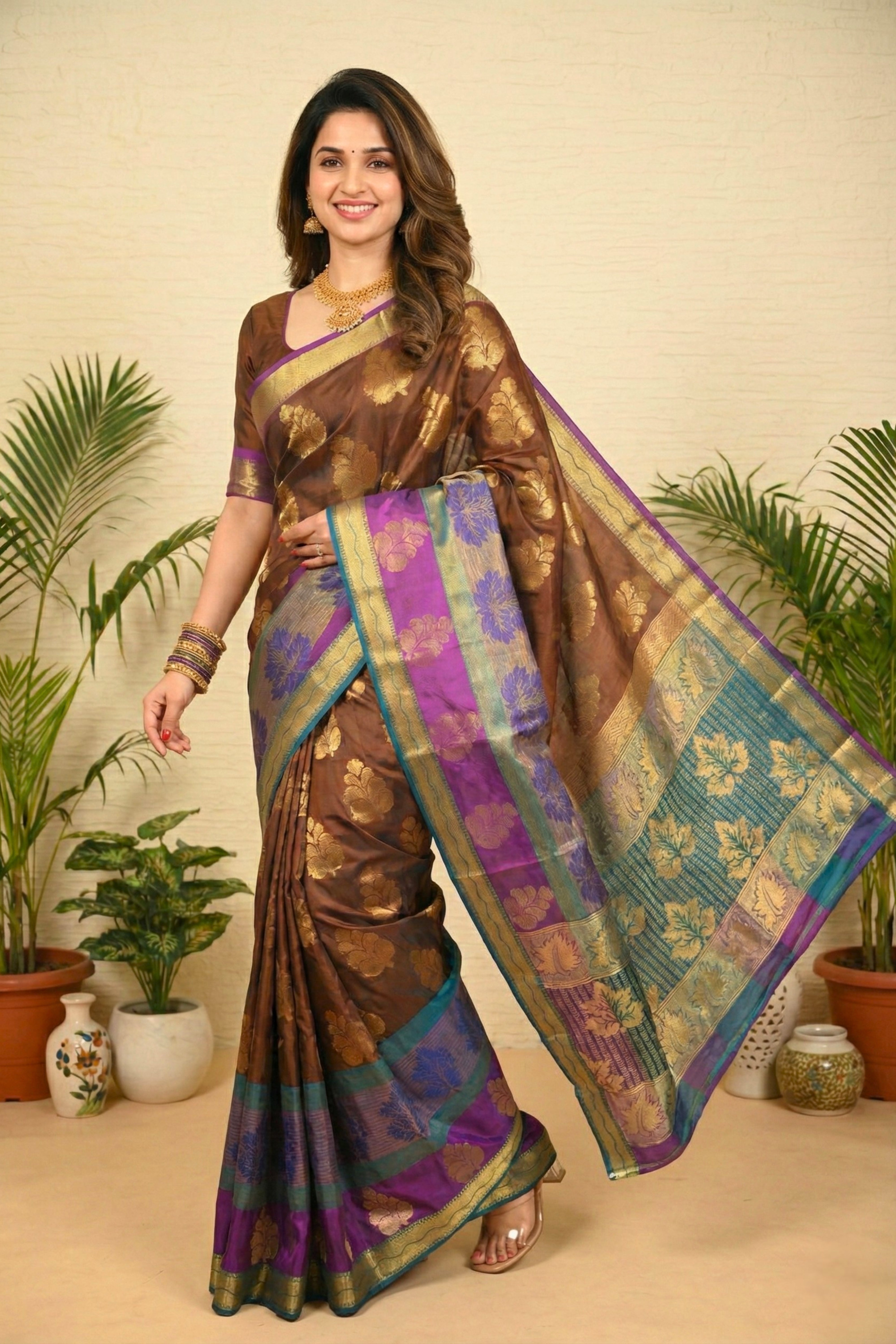 Rich Coffee Brown Soft South Silk Saree with Purple & Teal Border