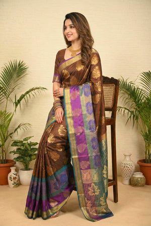 Rich Coffee Brown Soft South Silk Saree with Purple & Teal Border