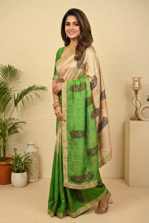 Ombre Green & Cream Pure Tussar Silk Saree