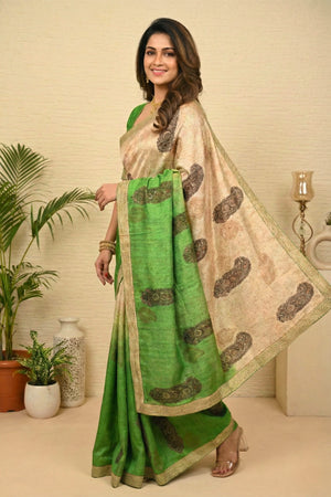 Ombre Green & Cream Pure Tussar Silk Saree