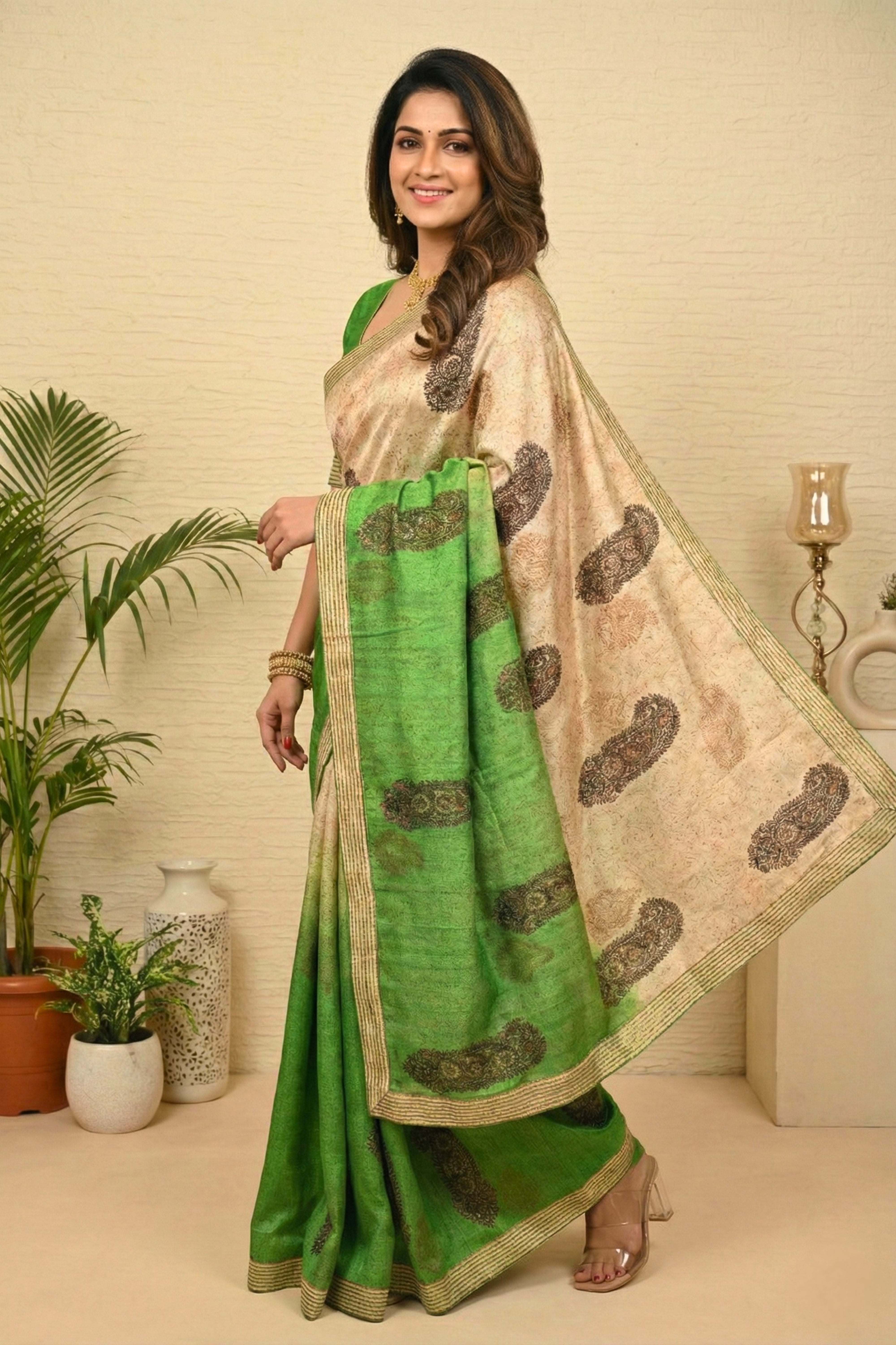 Ombre Green & Cream Pure Tussar Silk Saree