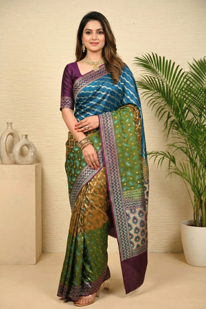 Exquisite Teal & Olive Banarasi Silk Saree with Regal Purple Border