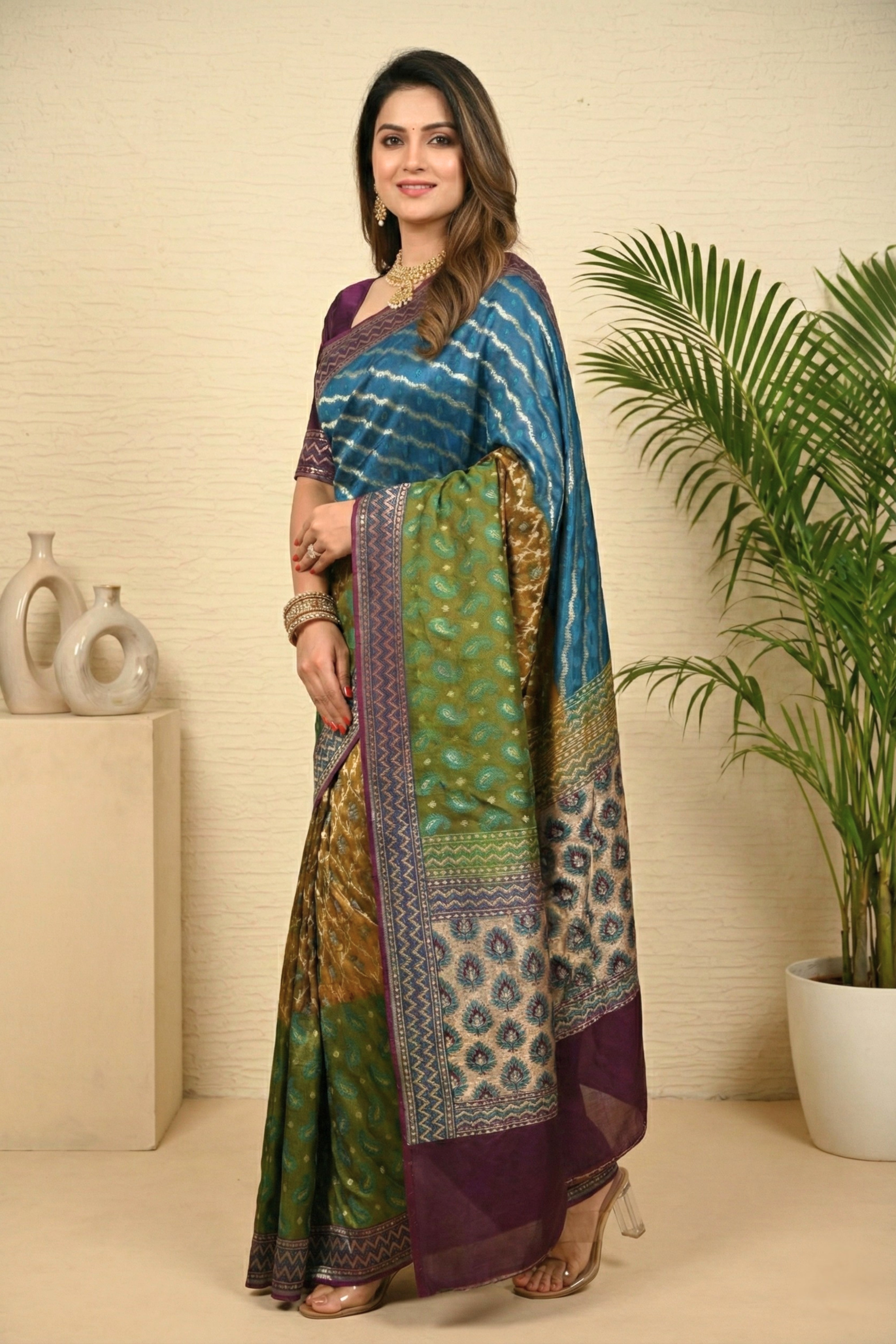Exquisite Teal & Olive Banarasi Silk Saree with Regal Purple Border
