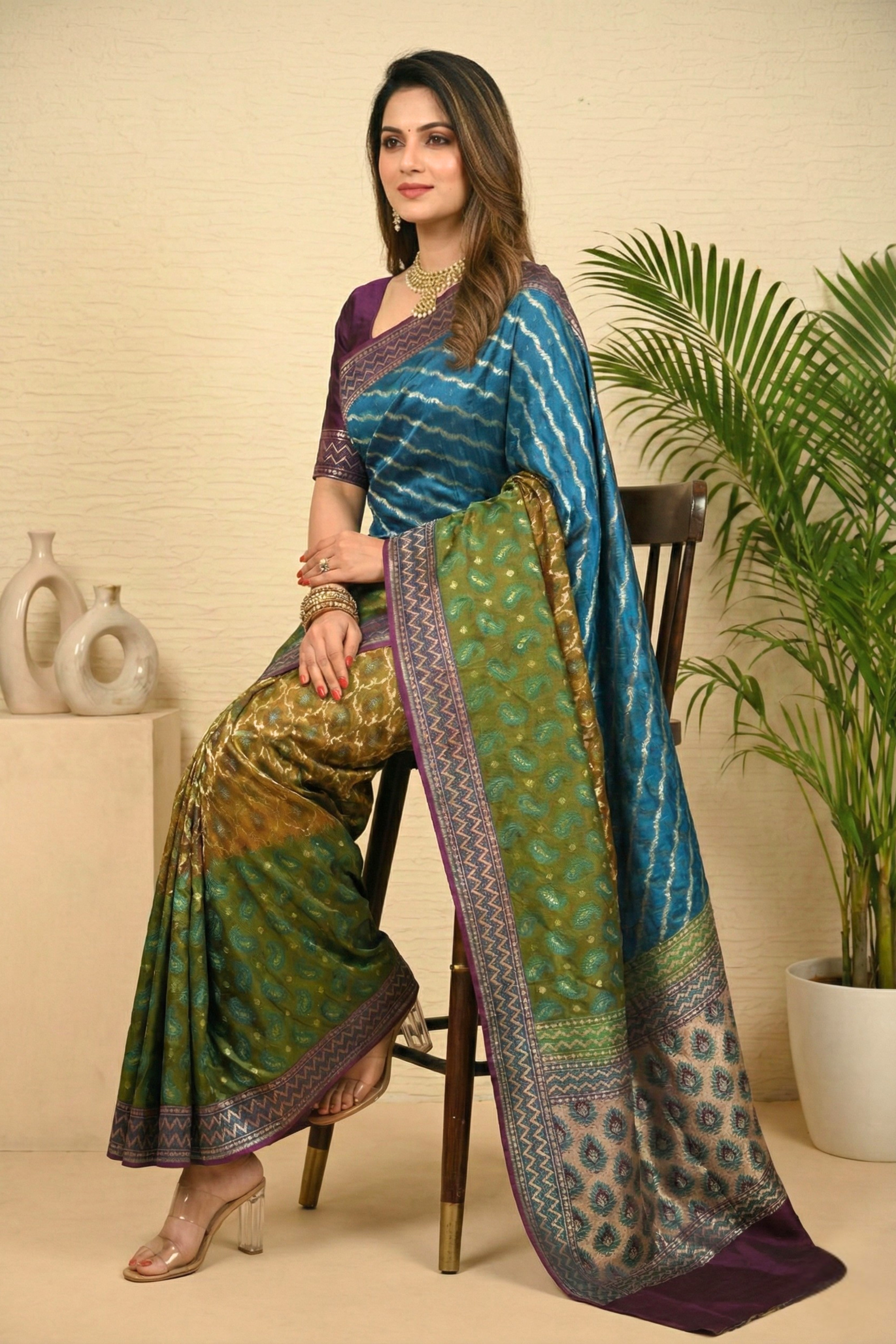 Exquisite Teal & Olive Banarasi Silk Saree with Regal Purple Border