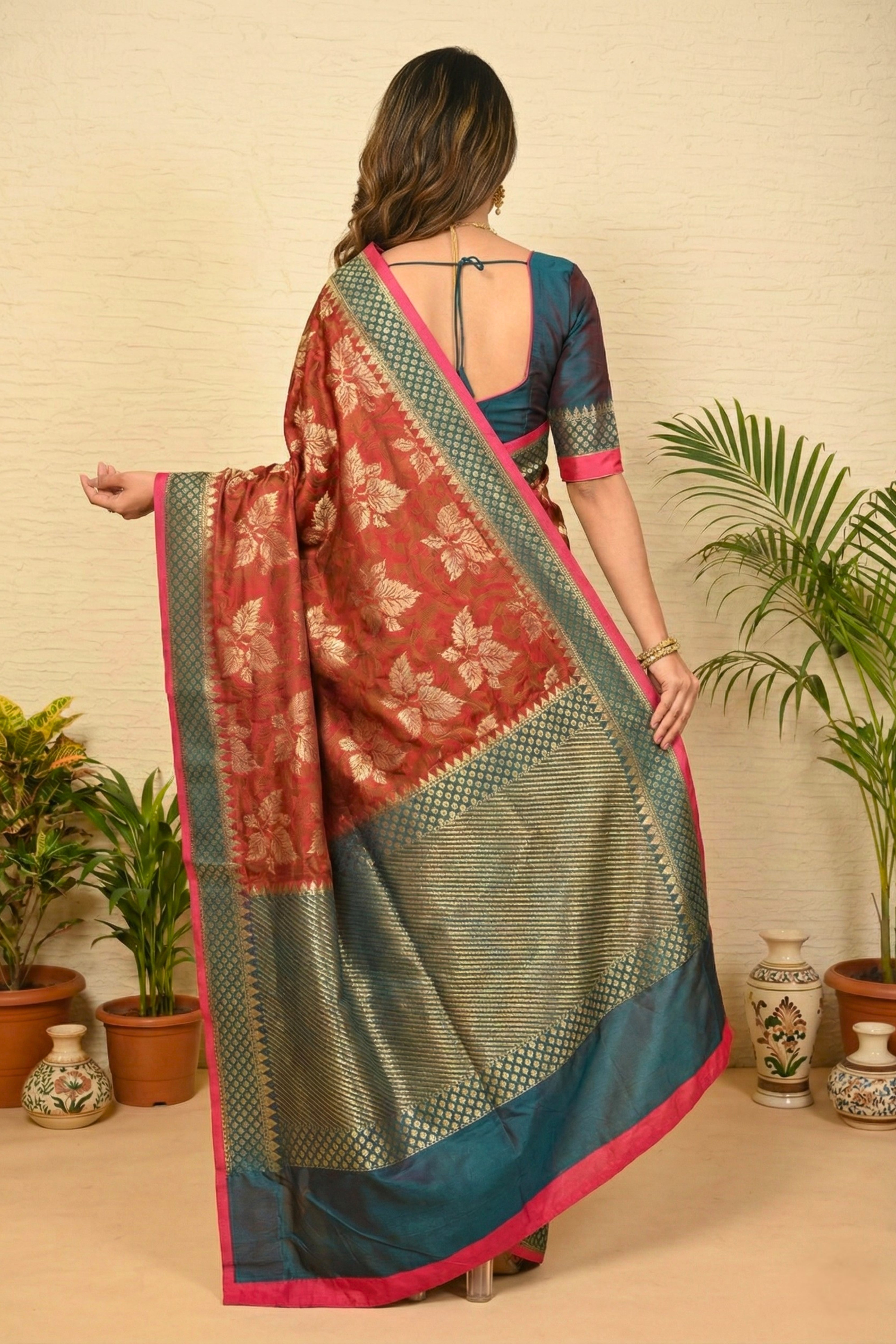 Classic Maroon & Peacock Blue Woven Banarasi Silk Saree