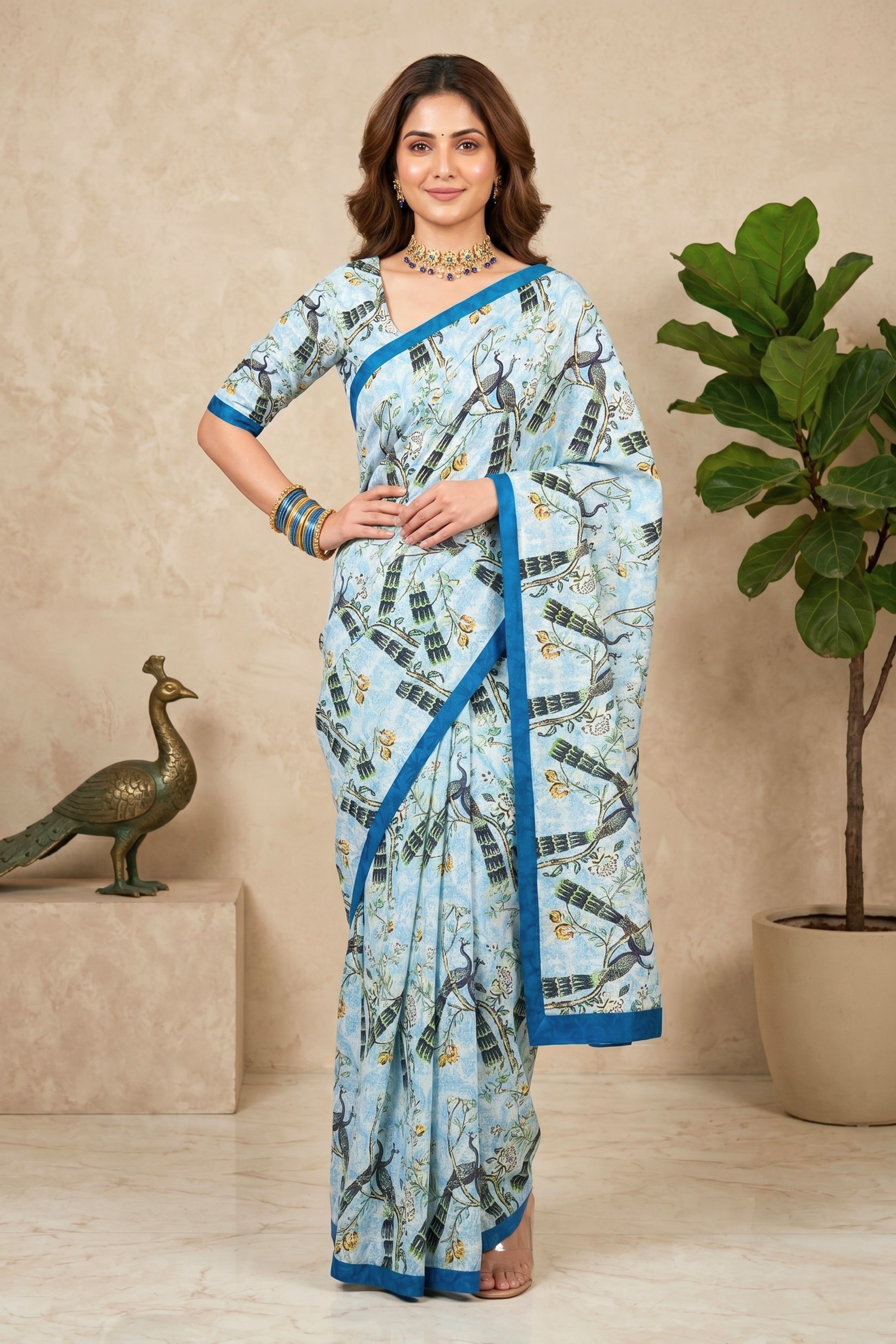 Elegant Ice Blue Peacock Print Chanderi Saree